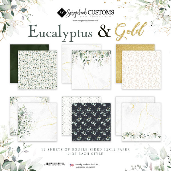 Scrapbook Customs, Eucalyptus & Gold Paper Pack