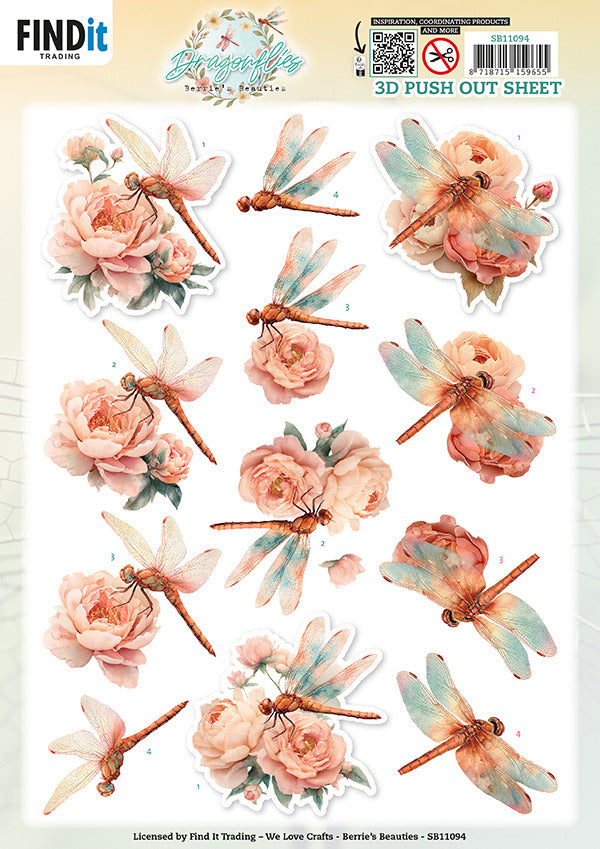 Berries Beauties, 3D Push Out Sheet, Dragonflies - Blush SB11094
