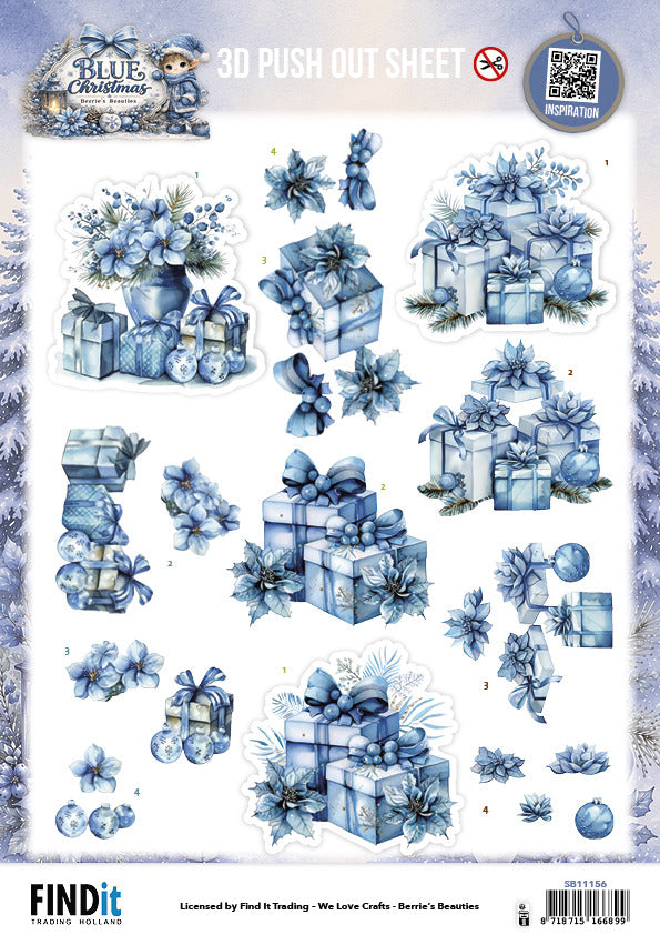 Berries Beauties 3D Push Out Sheet, Blue Christmas - Christmas Presents SB11156