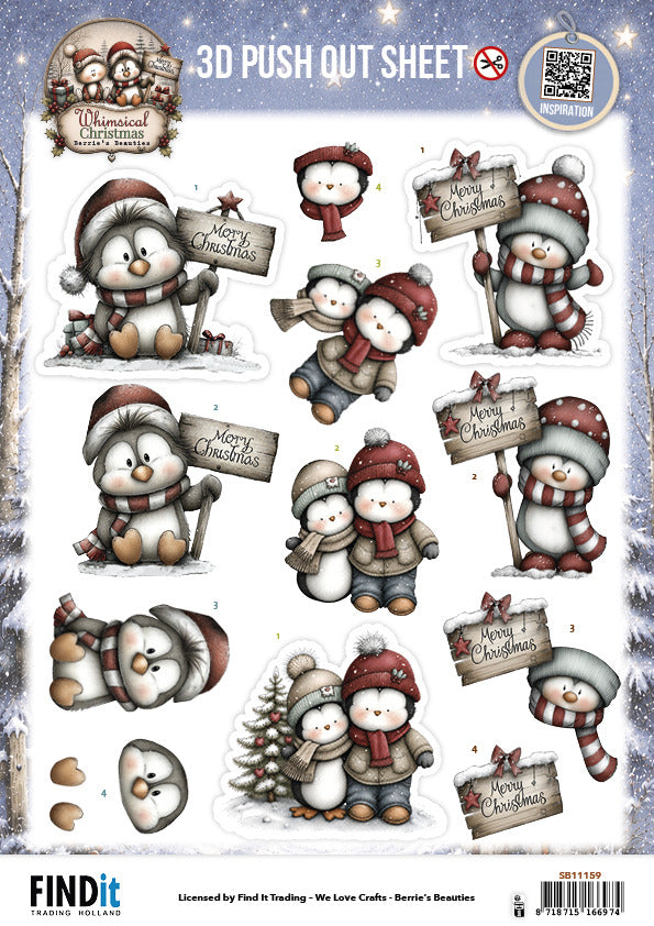 Berries Beauties 3D Push Out Sheet, Whimsical Christmas - Penguins SB11159