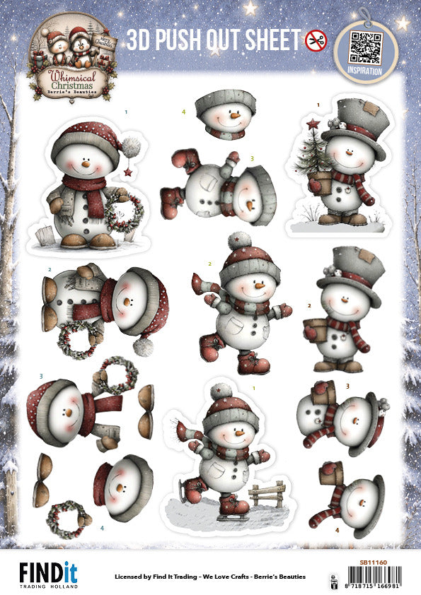 Berries Beauties 3D Push Out Sheet, Whimsical Christmas - Snowmen SB11160