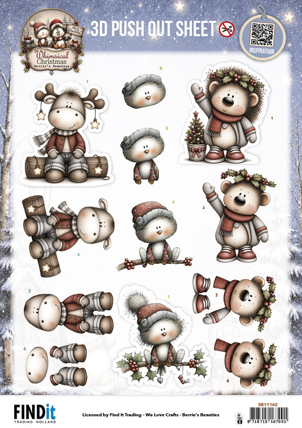 Berries Beauties 3D Push Out Sheet, Whimsical Christmas - Furry Friends SB11162