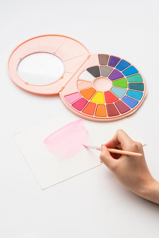 HIMI, Solid Watercolor Paint Set, 24 Colors in Pans & Paint Brush, Pink Case