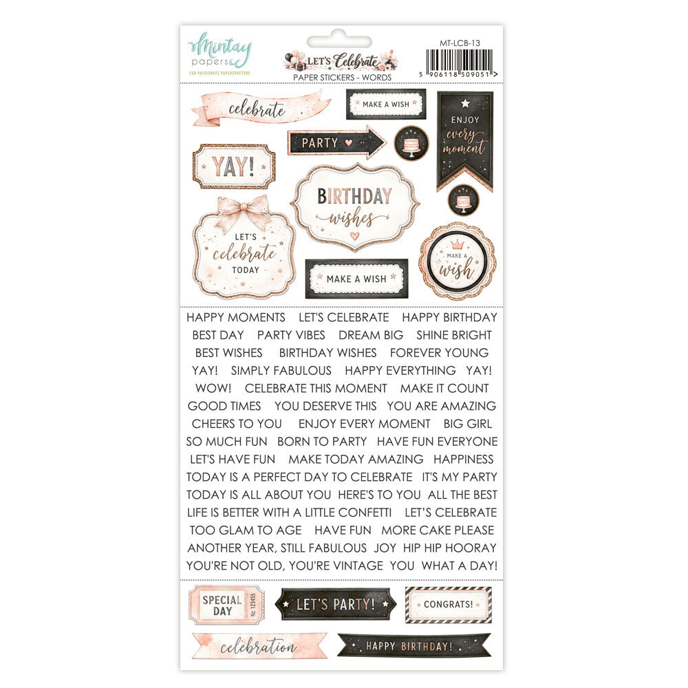Mintay, 6x12 Paper Stickers, Let's Celebrate-Words Pre-order