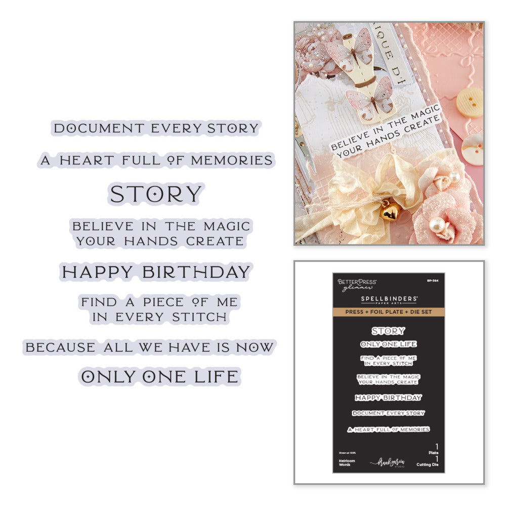 Spellbinders, Press + Foil Plate & Die Set, Heirloom Words Pre-order