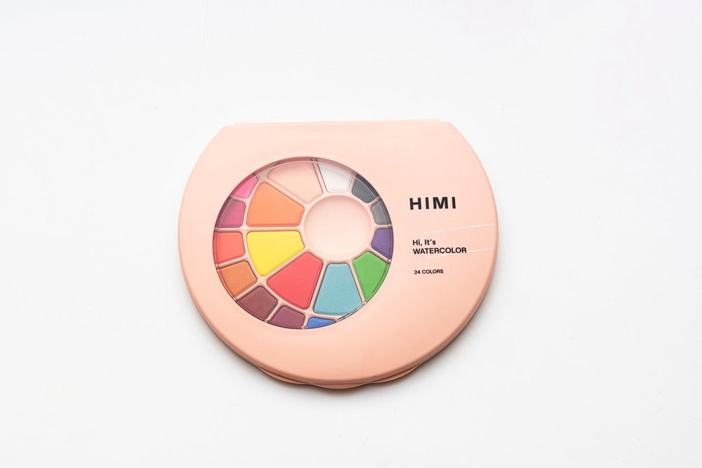HIMI, Solid Watercolor Paint Set, 24 Colors in Pans & Paint Brush, Pink Case