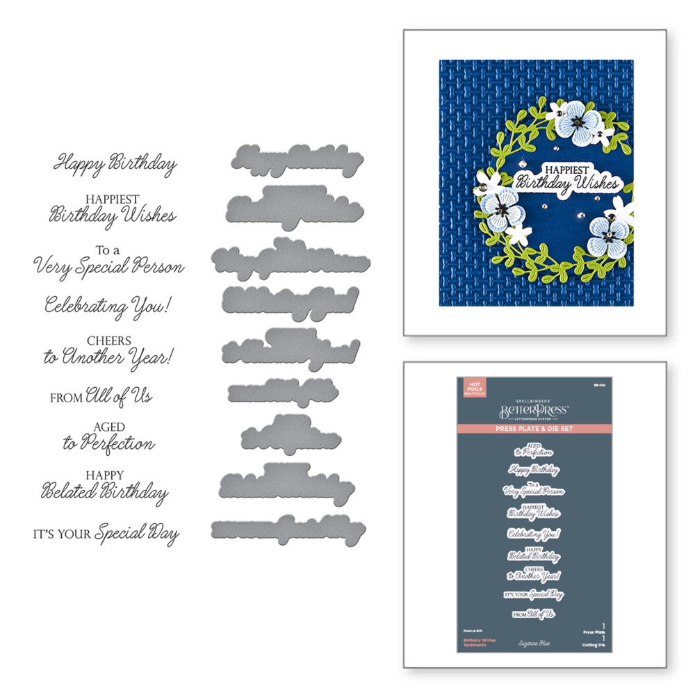 Spellbinders, BetterPress Plate & Die Set, Texture & Foliage - Birthday Wishes Sentiments